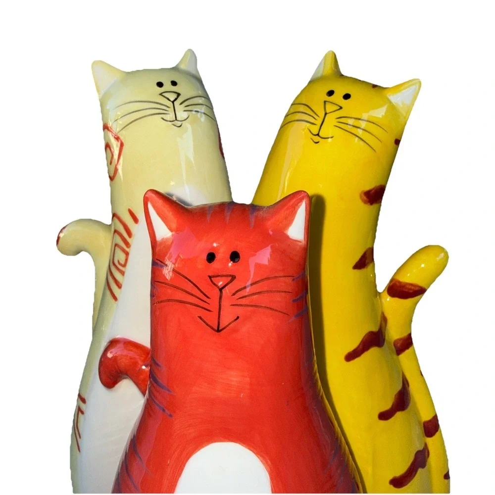Bella Casa Whimsical Triple Cat Figurine Colorful Handpainted 9